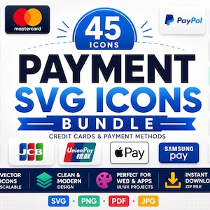 Puede incluir: Un paquete digital de 45 iconos de pago SVG que incluye logotipos de Visa, Mastercard, PayPal, American Express, Google Pay, Shop Pay, Apple Pay, Afterpay, Stripe, Amazon Pay, Klarna, Alipay, Discover, JCB, UnionPay y Samsung Pay.