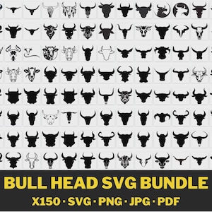 May include: A digital collection of 150 black and white bull head icons arranged in a grid. The graphic set features various bovine silhouettes and detailed illustrations. The bottom banner displays the text BULL HEAD SVG BUNDLE X150 SVG PNG JPG PDF.