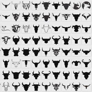 May include: A collection of numerous black and white bull head icons arranged in a grid. The set features various stylized illustrations of bovine silhouettes, including solid black shapes, detailed line art, and circular emblem designs.
