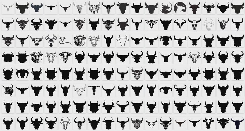 May include: A collection of numerous black and white bull head icons arranged in a grid. The set features various stylized illustrations of bovine silhouettes, including solid black shapes, detailed line art, and circular emblem designs.