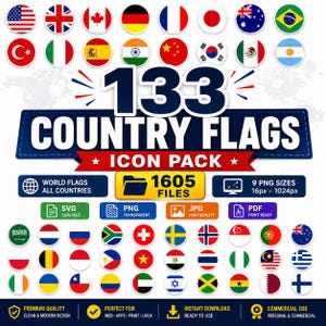 May include: A digital icon pack featuring 133 country flags in circular designs. The graphic displays the text 133 COUNTRY FLAGS ICON PACK, 1605 FILES, and 9 PNG SIZES ranging from 16px to 1024px, with file format labels for SVG, PNG, JPG, and PDF.