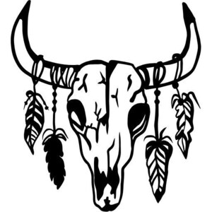 May include: A black and white graphic illustration of a bull skull featuring large curved horns. Four feathers hang from the horns, suspended by thin lines with small circular beads. The skull displays cracks and deep eye sockets in a bold line art style.