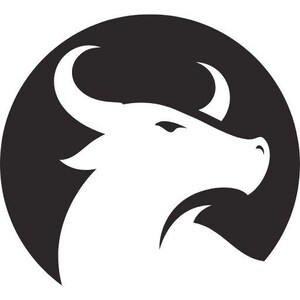 May include: A circular graphic design featuring a white silhouette of a bull head facing right, set against a solid black background. The bull is depicted in profile with visible horns, an ear, and a snout, creating a high-contrast logo style.