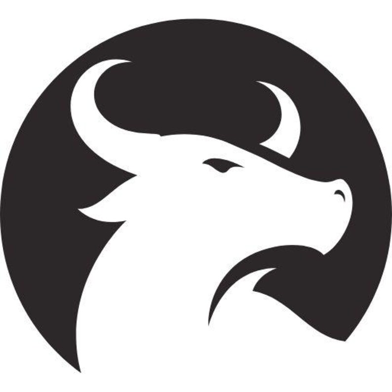 May include: A circular graphic design featuring a white silhouette of a bull head facing right, set against a solid black background. The bull is depicted in profile with visible horns, an ear, and a snout, creating a high-contrast logo style.