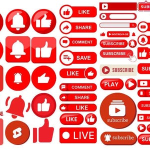 May include: A collection of red buttons with various icons and text, including play, bell, thumbs up, like, share, comment, save, subscribe, and live. The buttons are designed for use on social media platforms and websites.