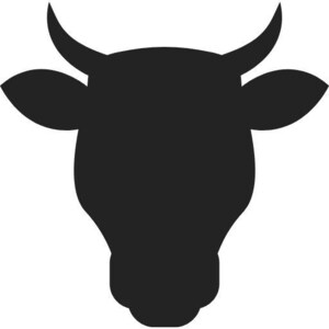 May include: A solid black silhouette graphic of a cow head featuring two pointed ears extending to the sides and two curved horns pointing upward. The design is symmetrical and displays the distinct facial outline of a bovine animal in high contrast.