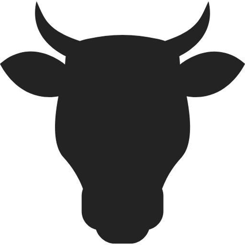 May include: A solid black silhouette graphic of a cow head featuring two pointed ears extending to the sides and two curved horns pointing upward. The design is symmetrical and displays the distinct facial outline of a bovine animal in high contrast.