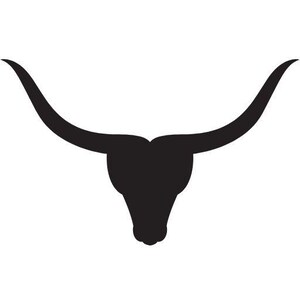 May include: A solid black silhouette graphic of a longhorn steer head. The design features a symmetrical shape with two long, curved horns extending outward from the top of the head, tapering to points, and a narrow, downward-pointing snout.