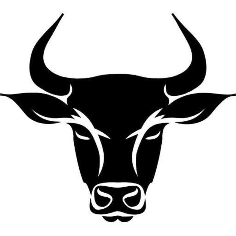 May include: A high-contrast black and white graphic illustration of a bull head. The design features a solid black silhouette of the animal's face, including prominent curved horns, pointed ears, and a detailed snout, set against a plain white background.
