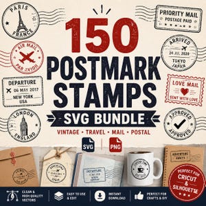 May include: A digital graphic bundle featuring 150 postmark stamps in SVG and PNG formats. The design includes various circular and rectangular postal marks with travel-themed icons, text, and dates, displayed alongside sample applications on paper.
