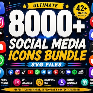 Pacchetto di oltre 8000 icone per social media in formato SVG, icone per loghi aziendali, Facebook, Instagram, TikTok, YouTube, Discord, LinkedIn, file vettoriali per uso commerciale.