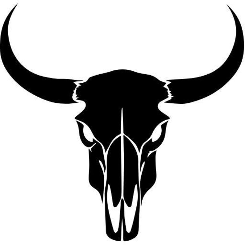 May include: A high-contrast black graphic illustration of a bull skull featuring large, curved horns extending outward. The design is presented as a solid black silhouette against a plain white background, showcasing the anatomical structure of the skull.