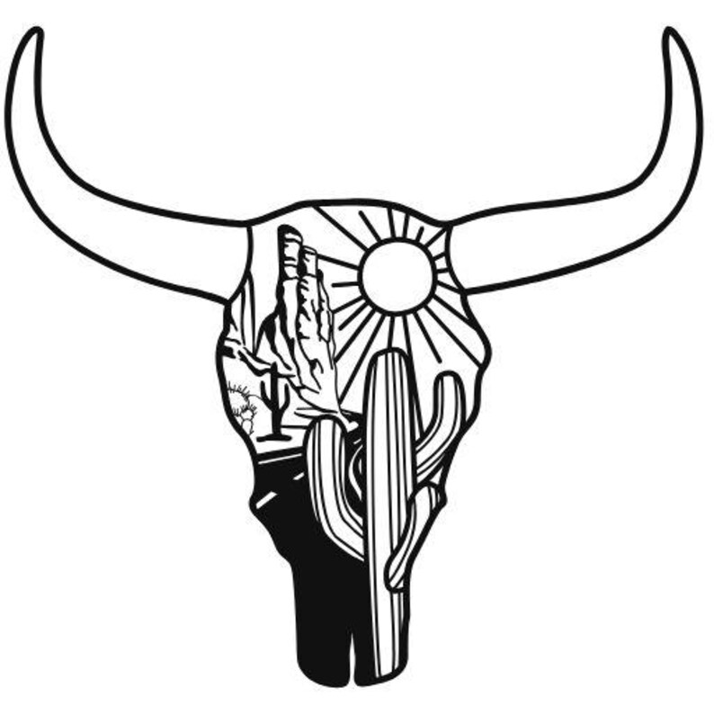 May include: A black and white line art illustration of a steer skull featuring a desert landscape inside the skull shape. The scene includes a sun with rays, a tall saguaro cactus, a smaller cactus, and a rock formation under a clear sky.