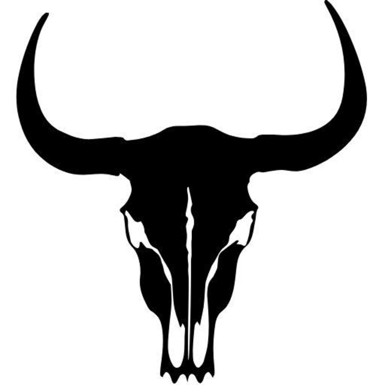 May include: A black and white graphic illustration of a bull skull. The design features a solid black silhouette of the skull with large, curved horns extending outward and upward, and white negative space detailing the eye sockets and nasal cavity.