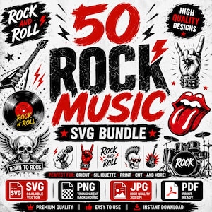 Könnte beinhalten: Ein digitales Grafikpaket mit 50 Rockmusik-Designs in rotem und schwarzem Text, einschließlich Illustrationen von E-Gitarren, Schallplatten, Totenköpfen, einer Hand mit Rock-Geste und Lippen. Der Text lautet 50 ROCK MUSIC SVG BUNDLE.