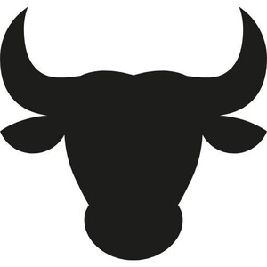 May include: A solid black silhouette graphic of a bull head featuring prominent curved horns extending upwards and outwards, with two small ears positioned on the sides of the head, presented as a flat, high-contrast vector-style icon design.