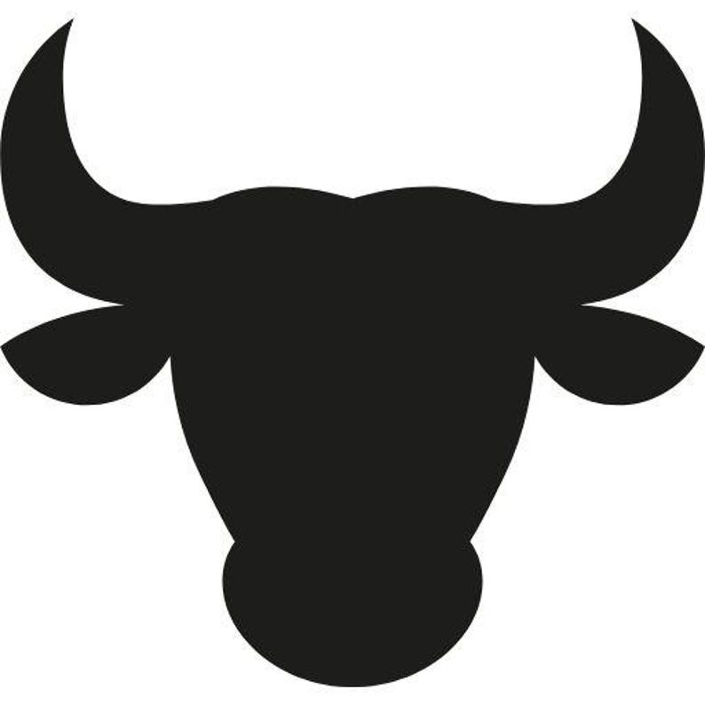 May include: A solid black silhouette graphic of a bull head featuring prominent curved horns extending upwards and outwards, with two small ears positioned on the sides of the head, presented as a flat, high-contrast vector-style icon design.