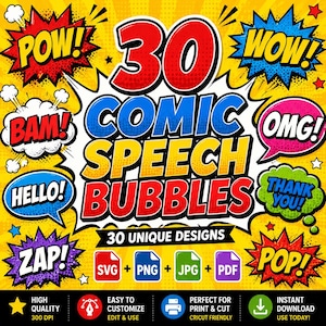 Puede incluir: Una colección gráfica digital con 30 burbujas de diálogo de cómic en varias formas y colores, incluyendo rojo, azul, amarillo, verde y morado. El texto dice 30 COMIC SPEECH BUBBLES, 30 UNIQUE DESIGNS, SVG, PNG, JPG, PDF, HIGH QUALITY 300 DPI, EASY TO CUSTOMIZE, PERFECT FOR PRINT & CUT, e INSTANT DOWNLOAD.