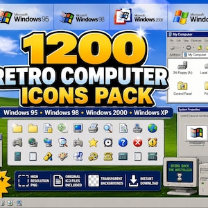Può includere: Grafica digitale che mostra un "Pacchetto di 1200 icone per computer retrò" con temi Windows 95, 98, 2000 e XP. L'immagine include varie icone, un monitor di computer e il testo "Bring Back the Nostalgia."