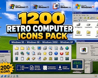 1200 Retro Computer Icons PNG Pack, Windows 95 98 2000 XP Icons, Y2K Desktop Aesthetic, Vintage PC Icon Bundle