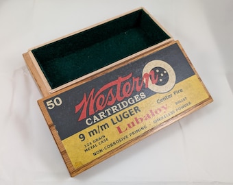 Oak keepsake box with reproduction 9mm Luger Western label