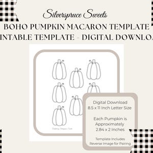 Pode incluir: Um modelo digital para download de macarons de abóbora Boho. O modelo inclui seis contornos de abóbora, cada um com aproximadamente 7,2 x 5,1 cm. O modelo tem 21,6 x 27,9 cm e inclui uma imagem invertida para emparelhamento.