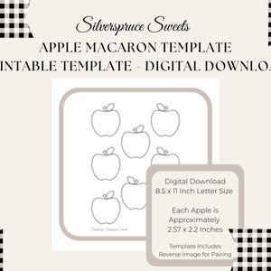 Pode incluir: Um modelo digital para download de macarons de maçã. O modelo imprimível inclui seis formas de maçã, cada uma com aproximadamente 6,5 x 5,6 cm. O modelo é tamanho A4 e inclui uma imagem invertida para emparelhamento.