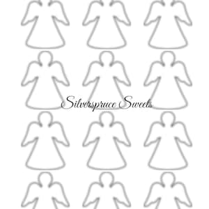 Pode incluir: Uma folha de recortes brancos em forma de anjo. Os recortes estão dispostos em um padrão de grade, com três fileiras de quatro anjos cada. O texto "Silverspruce Sweets" está na parte superior e inferior da imagem.