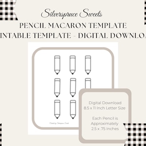 Pode incluir: Um modelo digital para download de macarons em forma de lápis. O design inclui seis contornos de lápis, com o texto "PENCIL MACARON TEMPLATE" e "PRINTABLE TEMPLATE - DIGITAL DOWNLOAD." Cada lápis tem aproximadamente 6,35 cm x 1,9 cm.