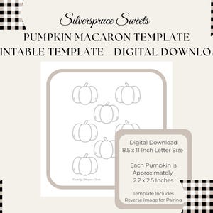 Peut inclure: Un modèle numérique pour macarons en forme de citrouille. Le modèle comprend un motif de citrouilles, chacune mesurant environ 5,6 x 6,4 cm. Le modèle est au format A4 et comprend une image inversée pour l'appariement.