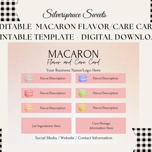 Könnte beinhalten: Eine digitale Vorlage für eine Macaron-Geschmacks- und Pflegekarte. Das Design zeigt ein rosa-weißes Farbschema mit Macaron-Illustrationen und Textfeldern für Geschmacksbeschreibungen, Zutaten und Pflegeinformationen. Die Karte ist editierbar und druckbar.