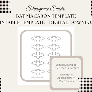 Pode incluir: Um modelo digital para macarons em forma de morcego. O design apresenta contornos de morcegos dispostos em uma grade, com texto indicando que o modelo é para um tamanho A4. Cada morcego tem aproximadamente 3,8 cm x 7,6 cm.