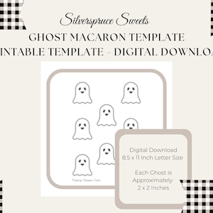 Pode incluir: Modelo imprimível de macaron de fantasma da Silverspruce Sweets. O design apresenta ilustrações de fantasmas, cada uma com aproximadamente 5 x 5 cm. O download digital tem 21,6 x 27,9 cm.