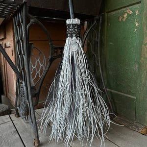 Black And White Witch Broom With Lace And Charm, Halloween besom, Halloween Broom, Wedding Broom, Witch Broom Decor, Handmade Broom