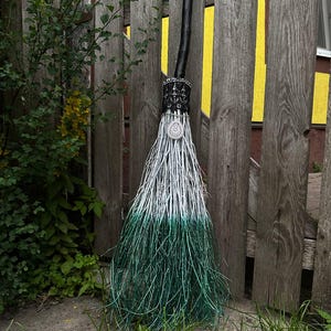 White and Metallic Green Witch Broom With Lace And Pendant, Halloween besom, Halloween Broom, Wedding Broom, Witch Broom Decor