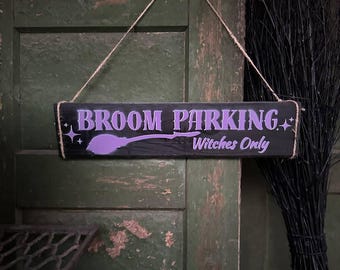 Letrero de madera para estacionamiento de escobas, letrero "Solo brujas", letrero de mago, letrero de Halloween, decoración de Halloween, decoración para el porche, letrero para exteriores