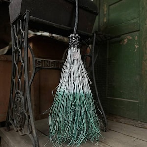 White and Metallic Green Witch Broom With Lace And Pendant, Halloween besom, Halloween Broom, Wedding Broom, Witch Broom Decor