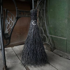 Black Witch Broom With Lace And Pendant, Halloween besom, Halloween Broom, Wedding Broom, Witch Broom Decor, Handmade Broom