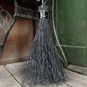 Black Witch Broom With Leather And Pendant, Halloween besom, Halloween Broom, Wedding Broom, Witch Broom Decor, Handmade Broom
