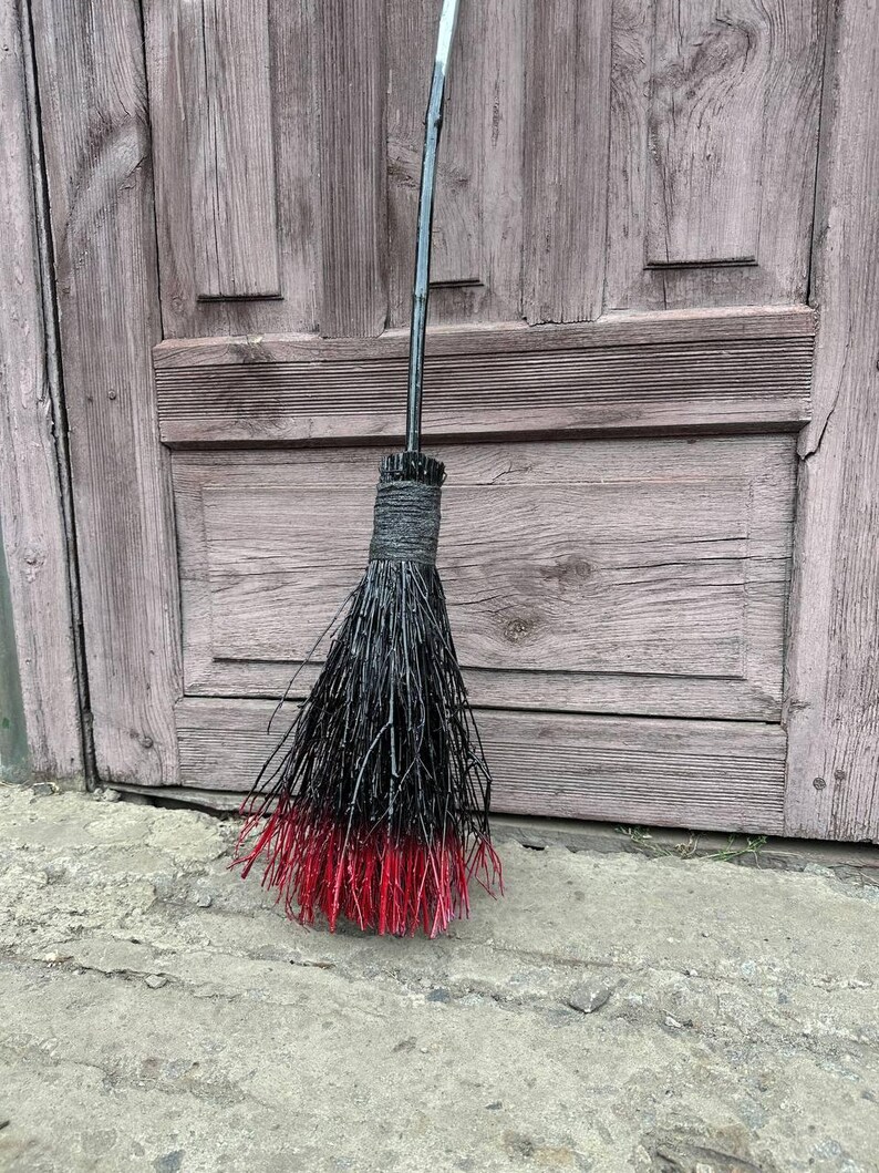 Black and Red Natural Witch Broom, Halloween Pagan Broom Besom