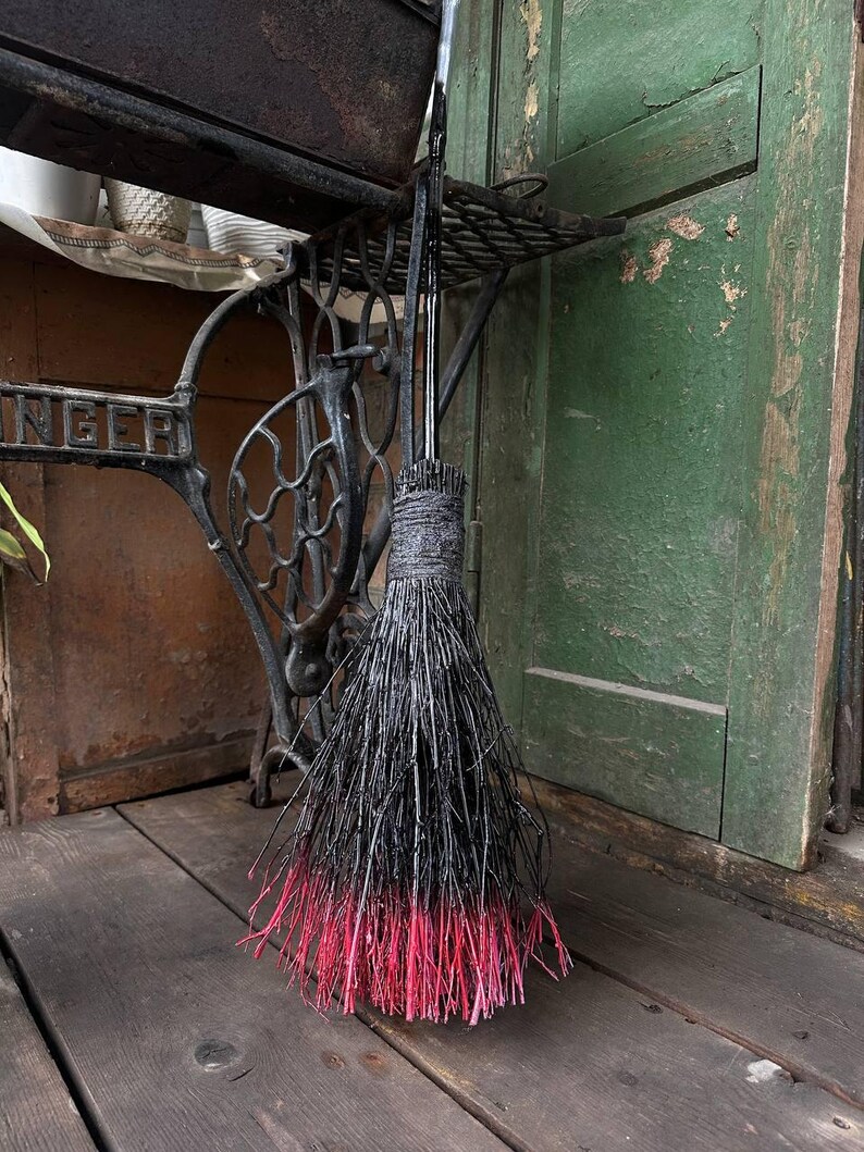 Black and Red Natural Witch Broom, Halloween Pagan Broom Besom