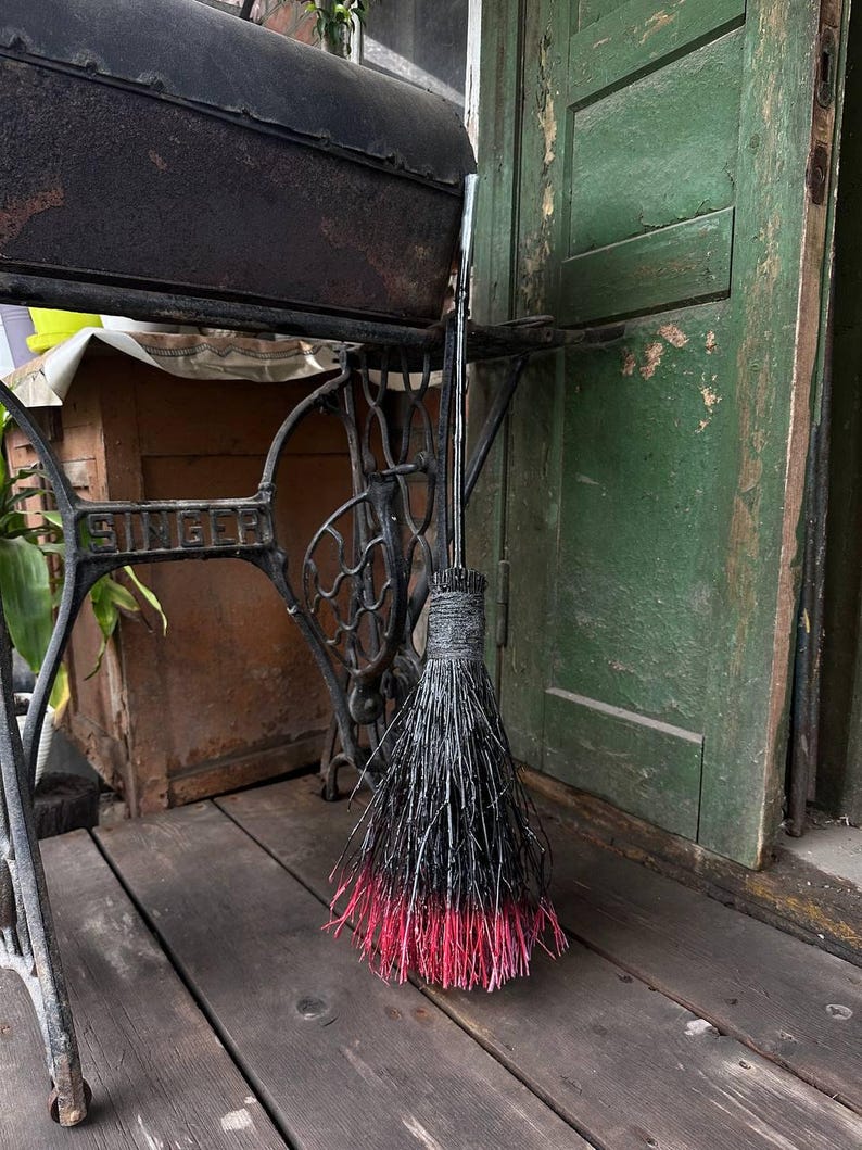 Black and Red Natural Witch Broom, Halloween Pagan Broom Besom