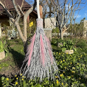 White And Pink Natural Witch Broom, Halloween Pagan broom besom, Halloween Broom, Wedding Broom, Home Decor
