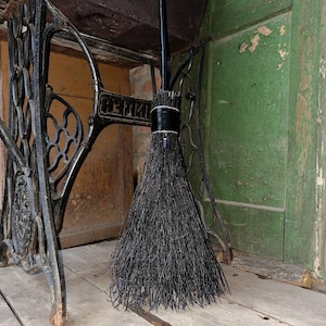 Black And Purple Witch Broom With Leather And Crystal, Halloween besom, Halloween Broom, Wedding Broom, Witch Broom Decor, Handmade Broom