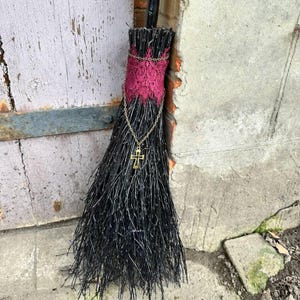 Black Witch Broom With Lace And Pendant, Halloween besom, Halloween Broom, Wedding Broom, Witch Broom Decor, Handmade Broom