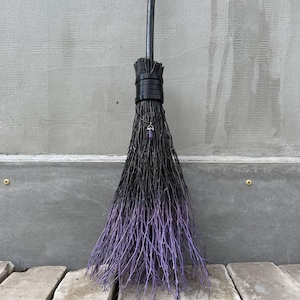 Black and Purple Witch Broom With Leather and Crystal,  Halloween Pagan broom besom, Halloween Broom, Wedding Broom, Home Decor