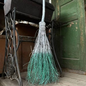 White and Metallic Green Witch Broom With Pendant, Halloween besom, Halloween Broom, Wedding Broom, Witch Broom Decor
