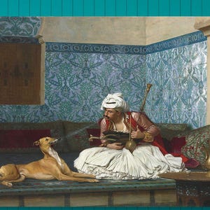 Jean Leon Gerome: Una broma (1882) Lienzo para pared/Póster de exposición/Pintura al óleo de animales/Decoración de pared de perros/Obra de arte con narguile/Orientalismo/5