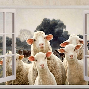 Lienzo decorativo con vista desde ventana abierta / Pintura de ovejas y vacas / Impresión de animales / Póster artístico / Lámina decorativa de ovejas / Lámina de ovejas y corderos 5