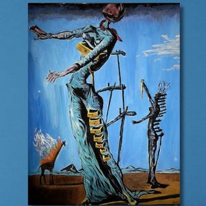 May include: An abstract painting featuring a figure in a long, flowing teal dress with gold accents, arms outstretched. A skeletal figure stands nearby. The background is a blue sky with clouds. The artwork is displayed on a blue wall.